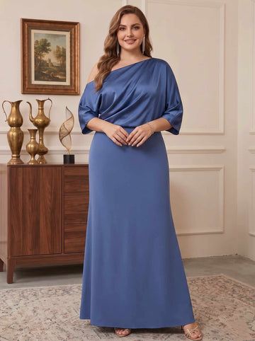Sheath/Column Satin Blue One-Shoulder 3/4 Sleeves Ruched Ankle-Length With Zipper Plus Size Mother of the Bride Dresses