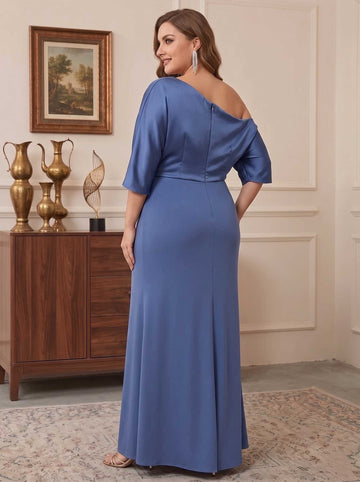 Sheath/Column Satin Blue One-Shoulder 3/4 Sleeves Ruched Ankle-Length With Zipper Plus Size Mother of the Bride Dresses