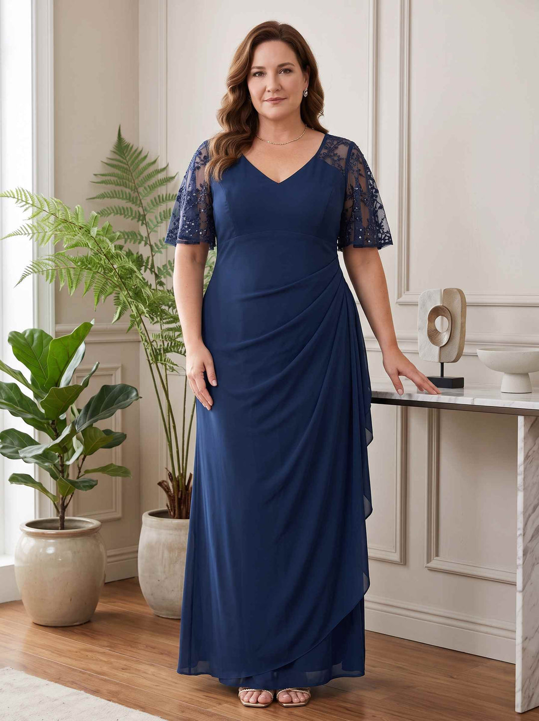 Sheath/Column Chiffon Navy V-Neck Short Sleeves Bead Ankle-Length Zipper Plus Size Mother of the Bride Dresses