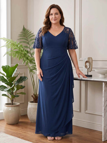 Sheath/Column Chiffon Navy V-Neck Short Sleeves Bead Ankle-Length Zipper Plus Size Mother of the Bride Dresses