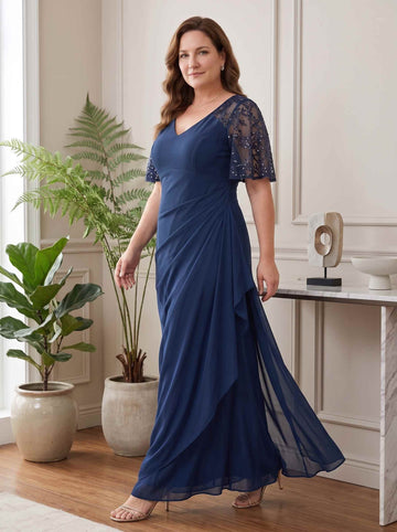 Sheath/Column Chiffon Navy V-Neck Short Sleeves Bead Ankle-Length Zipper Plus Size Mother of the Bride Dresses