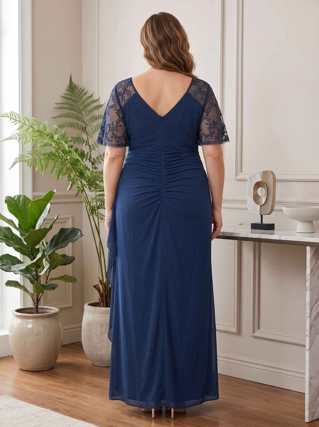 Sheath/Column Chiffon Navy V-Neck Short Sleeves Bead Ankle-Length Zipper Plus Size Mother of the Bride Dresses