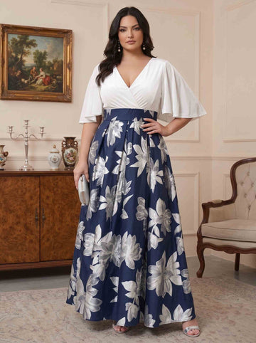 A-Line/Princess Floral Chiffon V-Neck Half Sleeves Ankle-Length With Pockets Plus Size Mother of the Bride Dresses