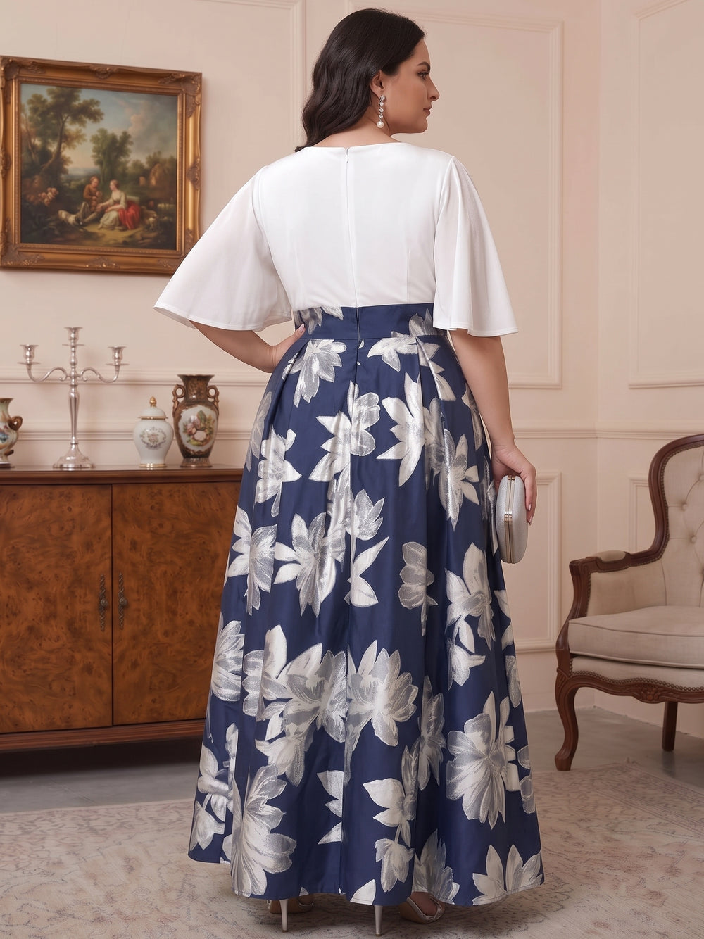 A-Line/Princess Floral Chiffon V-Neck Half Sleeves Ankle-Length With Pockets Plus Size Mother of the Bride Dresses