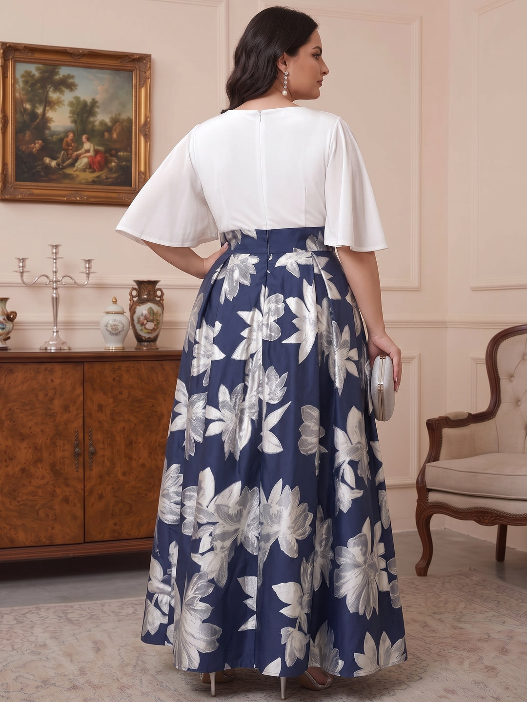 A-Line/Princess Floral Chiffon V-Neck Half Sleeves Ankle-Length With Pockets Plus Size Mother of the Bride Dresses
