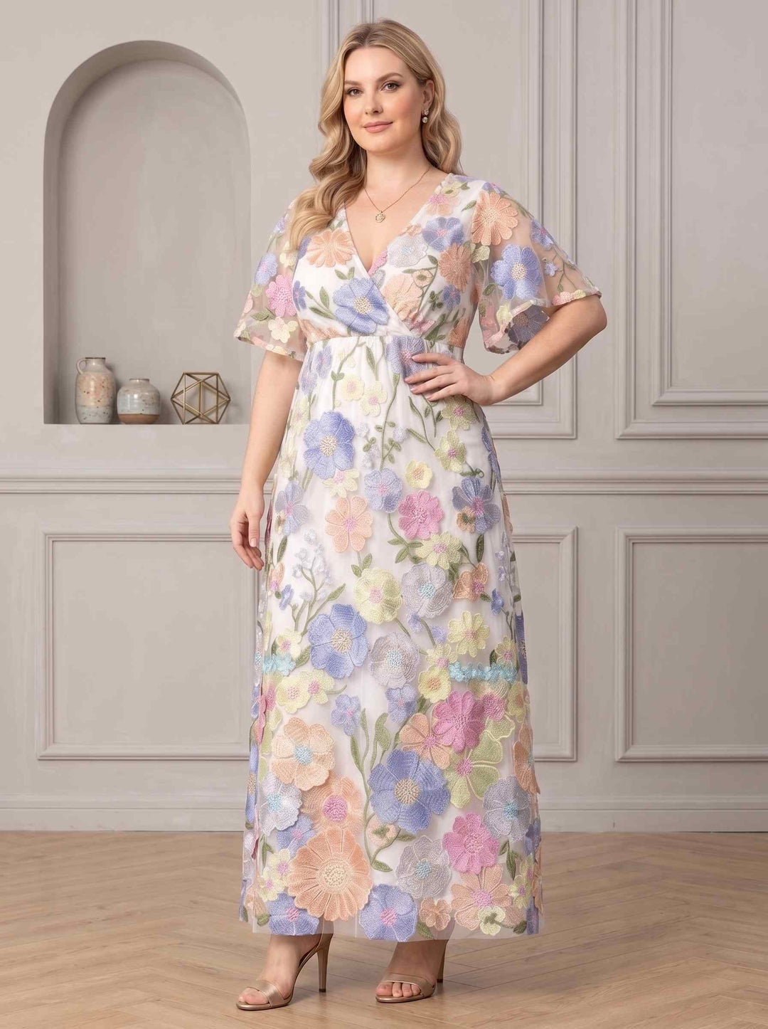 A-Line/Princess Lace Floral Embroidery V-Neck Half Sleeves Ankle-Length Plus Size Mother of the Bride Dresses