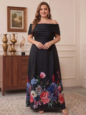 A-Line/Princess Off-the-Shoulder Formal Plus Size Mother of the Bride Dresses Sleeveless Ankle-Length Floral with Ruched
