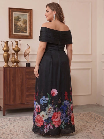 A-Line/Princess Off-the-Shoulder Formal Plus Size Mother of the Bride Dresses Sleeveless Ankle-Length Floral with Ruched