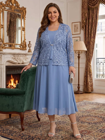 A-Line/Princess Scoop Long Sleeves Chiffon Embroidery Coat Tea-Length Plus Size Mother of the Bride Dresses