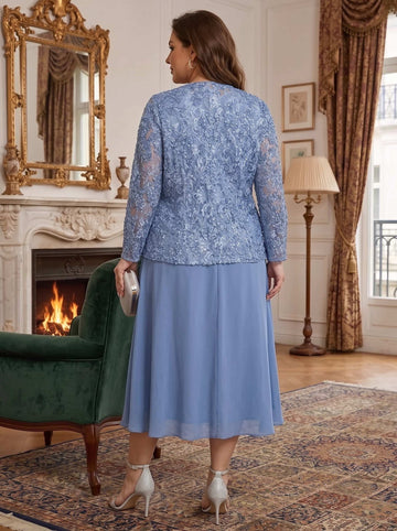A-Line/Princess Scoop Long Sleeves Chiffon Embroidery Coat Tea-Length Plus Size Mother of the Bride Dresses