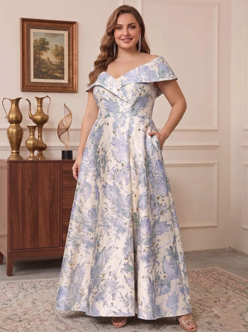 A-Line/Princess Jacquard Off-the-Shoulder Sleeveless Ankle-Length With Pockets Plus Size Mother of the Bride Dresses