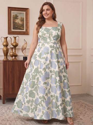 A-Line/Princess Jacquard Square Collar Sleeveless Ankle-Length With Zipper Plus Size Mother of the Bride Dresses