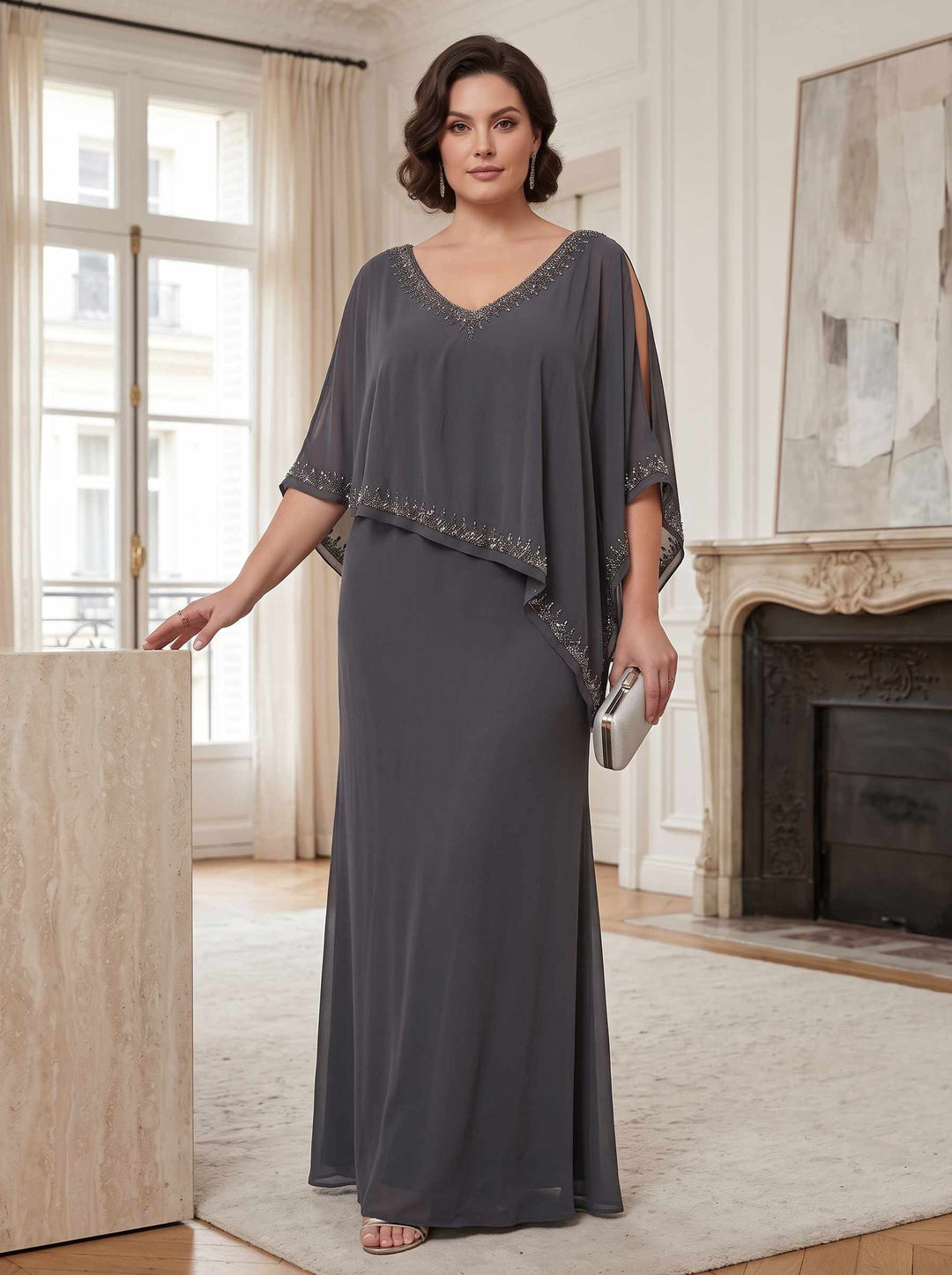 Sheath/Column Chiffon V-Neck Cape Sleeves Ankle-Length Beading Plus Size Mother of the Bride Dresses