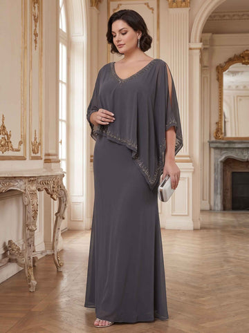 Sheath/Column Chiffon V-Neck Cape Sleeves Ankle-Length Beading Plus Size Mother of the Bride Dresses