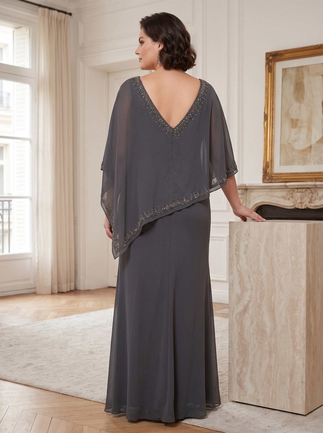 Sheath/Column Chiffon V-Neck Cape Sleeves Ankle-Length Beading Plus Size Mother of the Bride Dresses