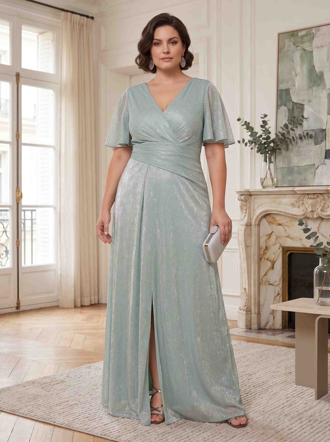 A-Line Shimmer Jersey V-Neck Short Sleeves Ankle-Length Split Side Plus Size Mother of the Bride Dresses