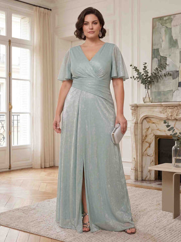 A-Line Shimmer Jersey V-Neck Short Sleeves Ankle-Length Split Side Plus Size Mother of the Bride Dresses