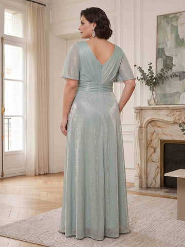 A-Line Shimmer Jersey V-Neck Short Sleeves Ankle-Length Split Side Plus Size Mother of the Bride Dresses