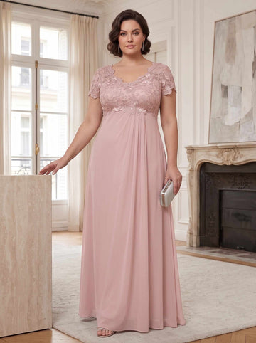 A-Line/Princess Chiffon V-Neck Short Sleeves Embroidery Ankle-Length Zipper Plus Size Mother of the Bride Dresses