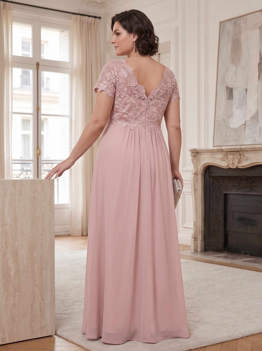 A-Line/Princess Chiffon V-Neck Short Sleeves Embroidery Ankle-Length Zipper Plus Size Mother of the Bride Dresses