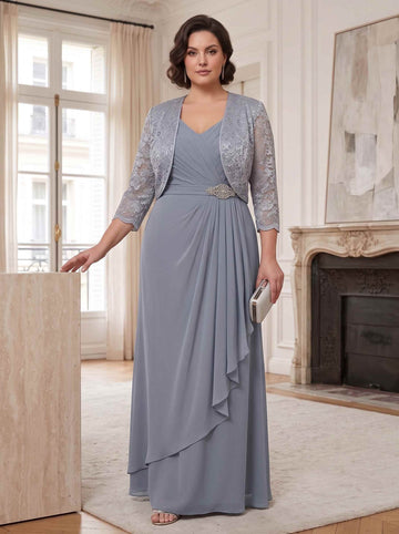 Sheath/Column Chiffon V-Neck 3/4 Sleeves Ankle-Length Plus Size Mother of the Bride Dresses With Embroidery Jacket