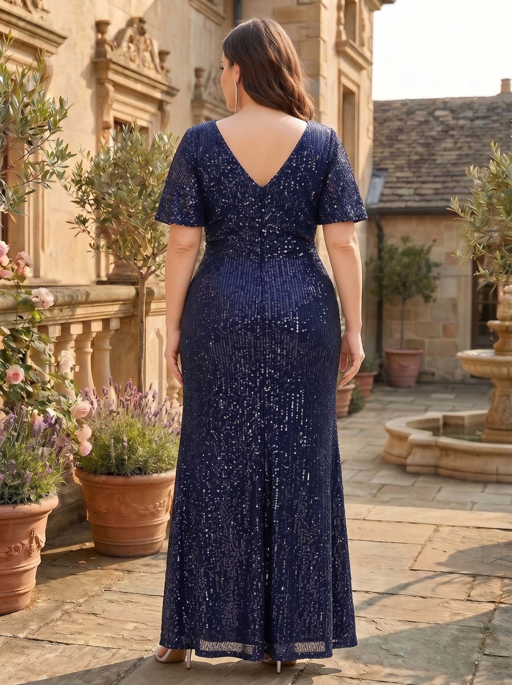 Sheath Sequins V-Neck Short Sleeves Sequins Asymmetrical Plus Size Mother of the Bride Dresses