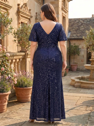 Sheath Sequins V-Neck Short Sleeves Sequins Asymmetrical Plus Size Mother of the Bride Dresses