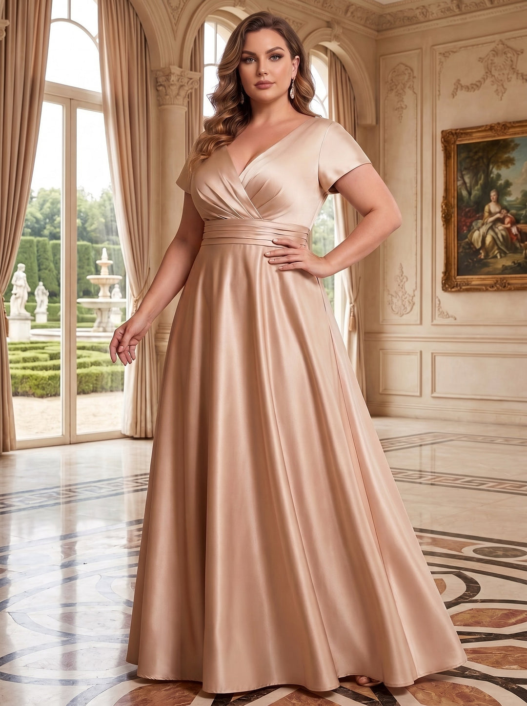A-Line/Princess Satin V-Neck Short Sleeves Floor-Length With  Ruched Zipper Plus Size Mother of the Bride Dresses