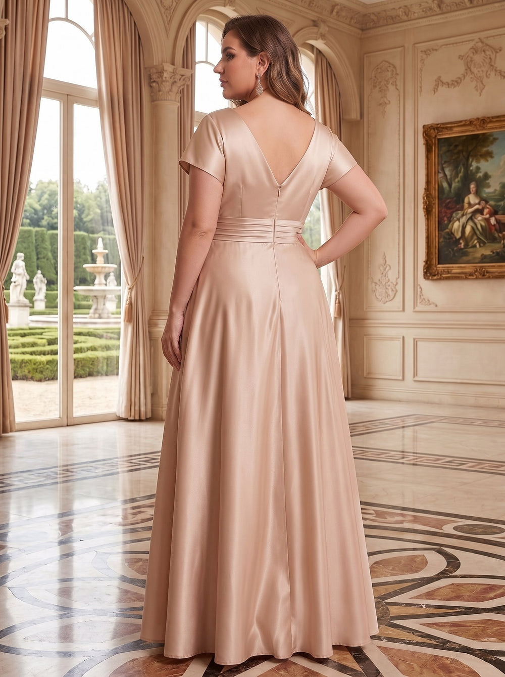 A-Line/Princess Satin V-Neck Short Sleeves Floor-Length With  Ruched Zipper Plus Size Mother of the Bride Dresses