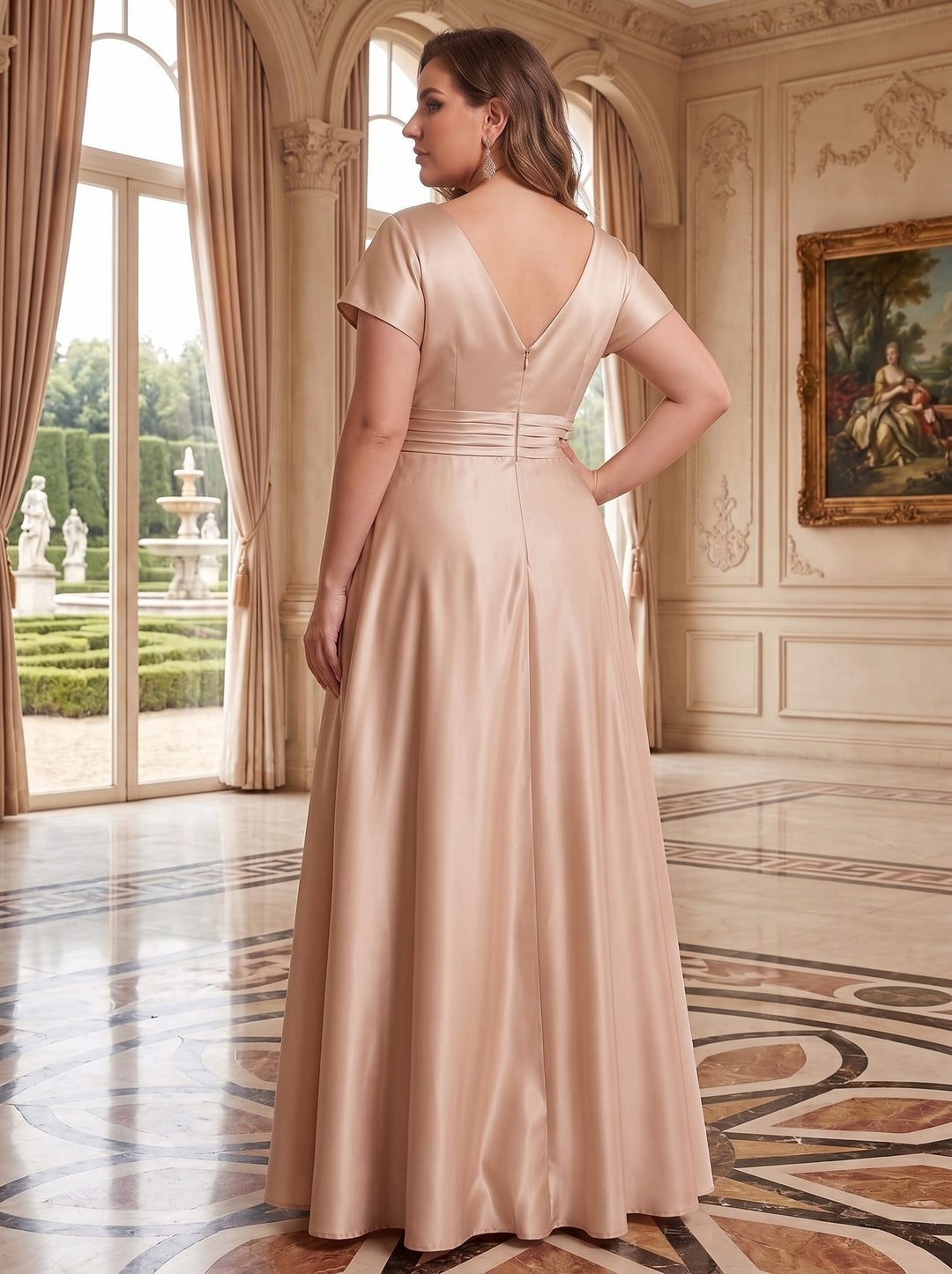 A-Line/Princess Satin V-Neck Short Sleeves Floor-Length With  Ruched Zipper Plus Size Mother of the Bride Dresses