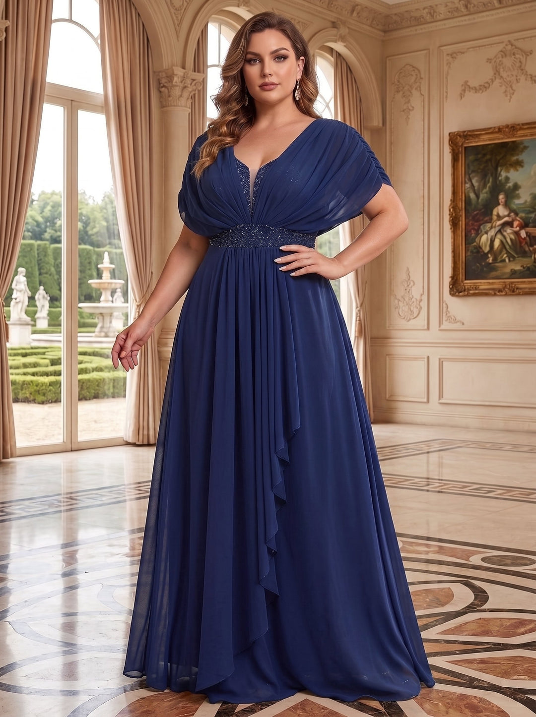 A-Line/Princess Chiffon Deep V-Neck Short Sleeves Floor-Length With Pleats Rhinestone Plus Size Mother of the Bride Dresses