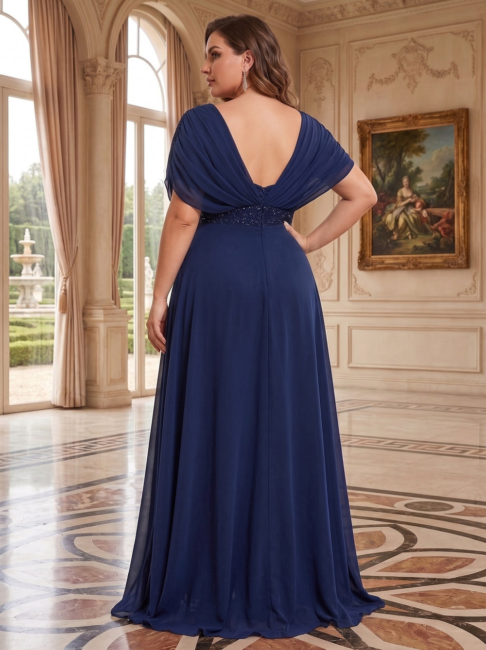 A-Line/Princess Chiffon Deep V-Neck Short Sleeves Floor-Length With Pleats Rhinestone Plus Size Mother of the Bride Dresses