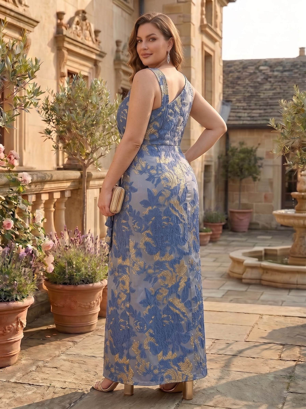 Column Jacquard Asymmetrical Sleeveless Ankle-Length With Split Side Ruched Plus Size Mother of the Bride Dresses
