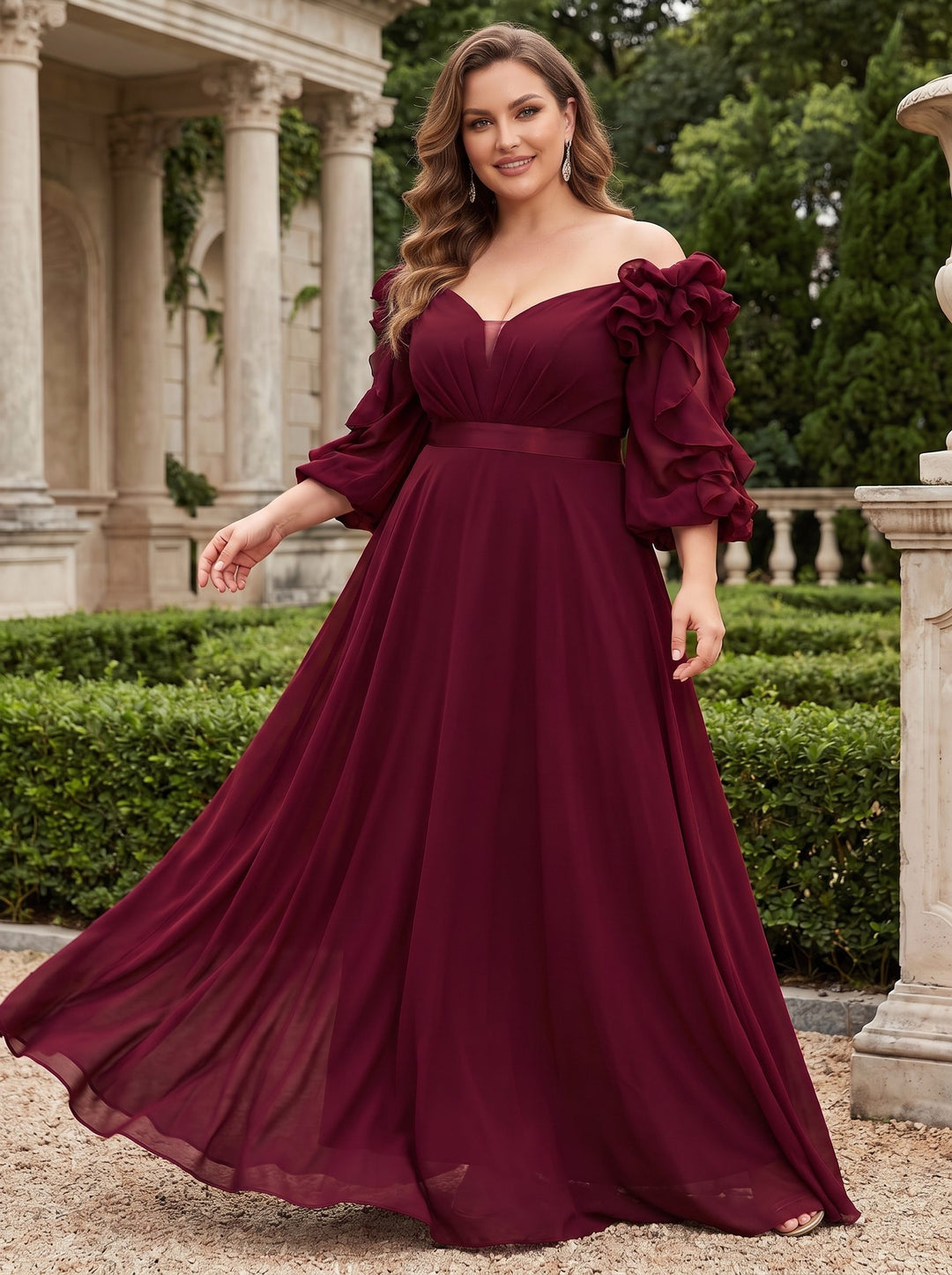 A-Line/Princess Chiffon Off-the-Shoulder 3/4 Sleeves Floor-Length With Pleats Zipper Plus Size Mother of the Bride Dresses