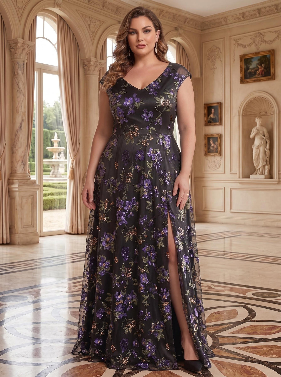 A-Line Lace V-Neck Sleeveless Embroidery Floor-Length With Split Side Zipper Plus Size Mother of the Bride Dresses