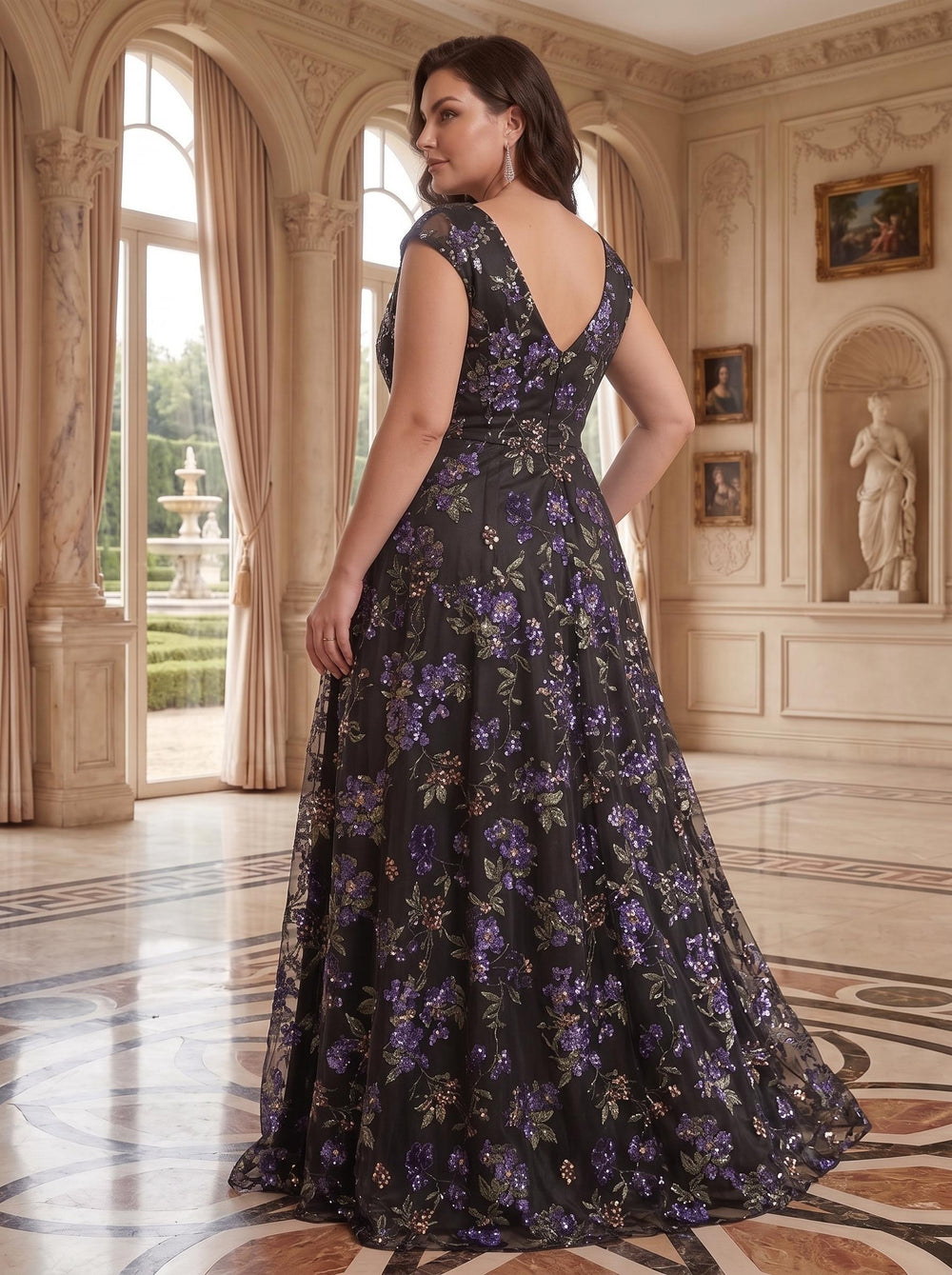 A-Line Lace V-Neck Sleeveless Embroidery Floor-Length With Split Side Zipper Plus Size Mother of the Bride Dresses