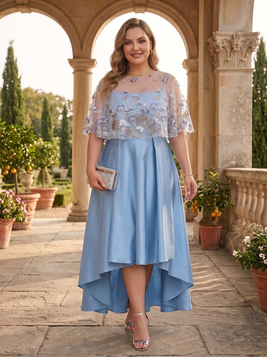 A-Line/Princess Satin Square Collar Spaghetti Straps Sleeveless Tea-Length With Lace Embroidery Cape Plus Size Mother of the Bride Dresses