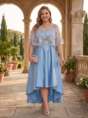A-Line/Princess Satin Square Collar Spaghetti Straps Sleeveless Tea-Length With Lace Embroidery Cape Plus Size Mother of the Bride Dresses