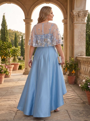 A-Line/Princess Satin Square Collar Spaghetti Straps Sleeveless Tea-Length With Lace Embroidery Cape Plus Size Mother of the Bride Dresses