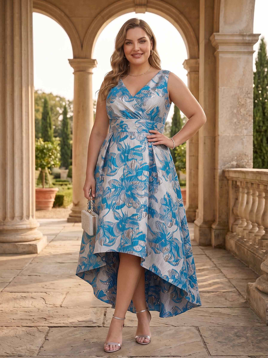 A-Line/Princess Jacquard V-Neck Sleeveless Asymmetrical With Ruched Plus Size Mother of the Bride Dresses