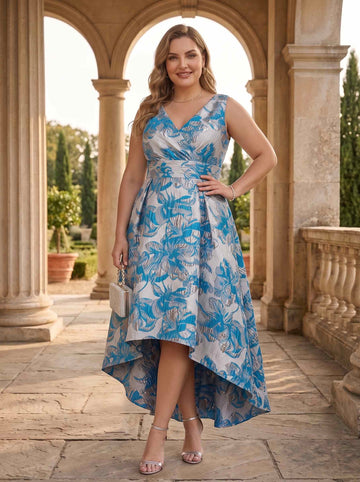 A-Line/Princess Jacquard V-Neck Sleeveless Asymmetrical With Ruched Plus Size Mother of the Bride Dresses