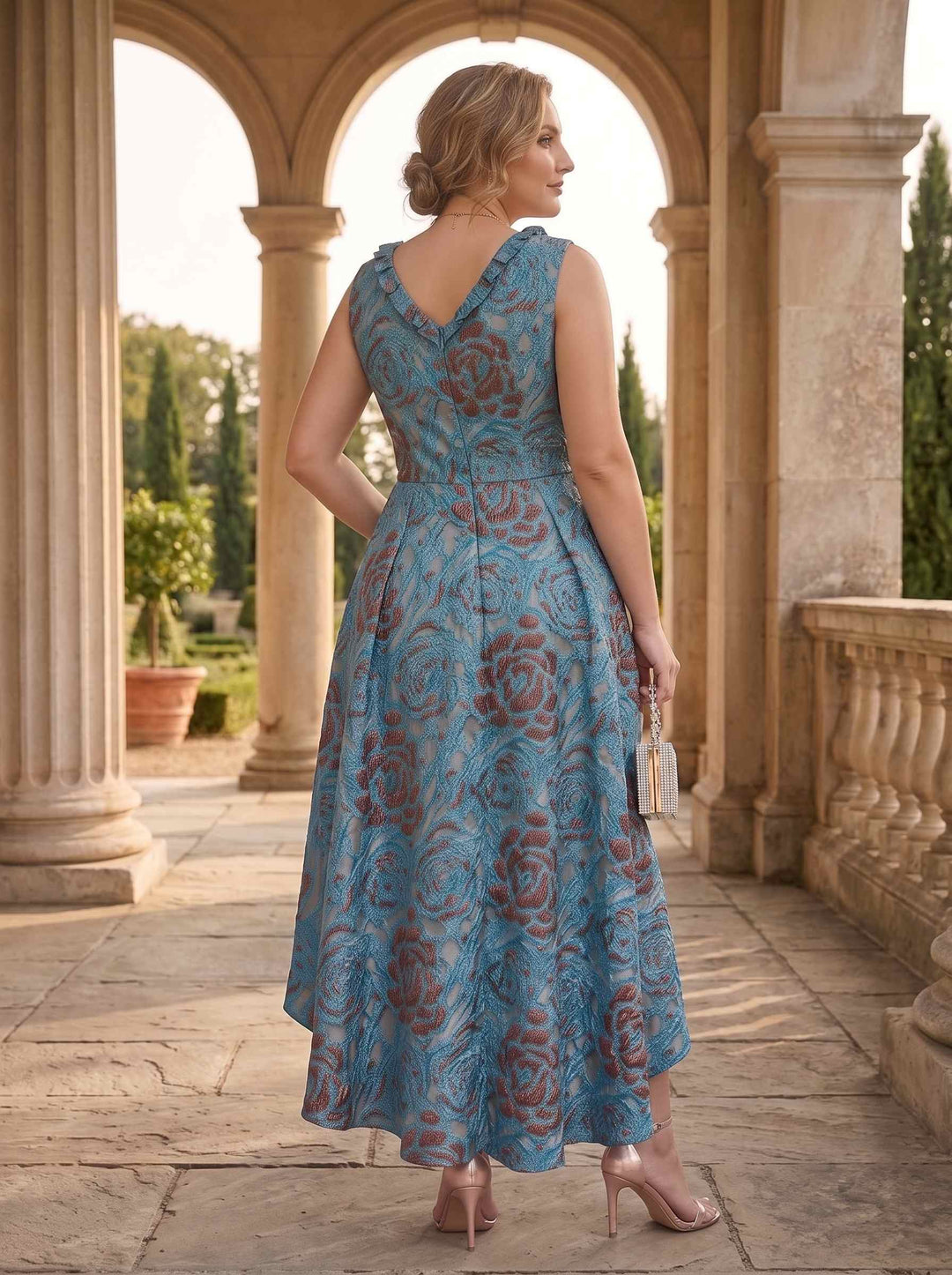 A-Line/Princess Jacquard Ruffle V-Neck Sleeveless Asymmetrical With Back Zipper Plus Size Mother of the Bride Dresses