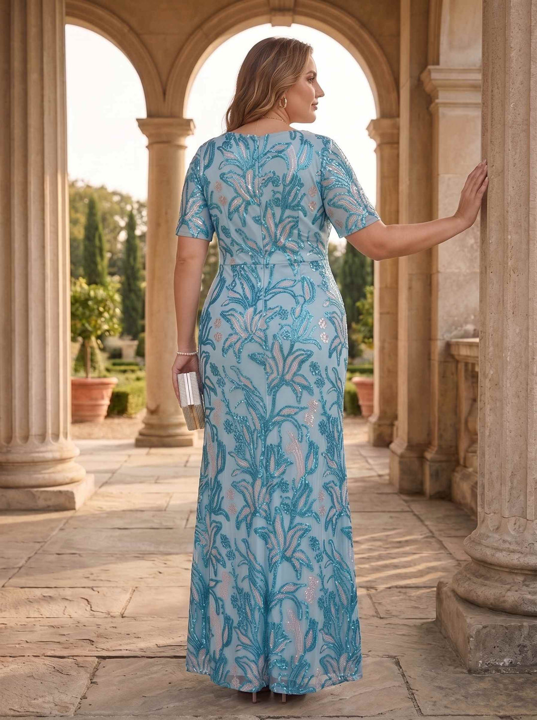 Sheath/Column Jacquard Square Collar Short Sleeves Ankle-Length With Zipper Plus Size Mother of the Bride Dresses