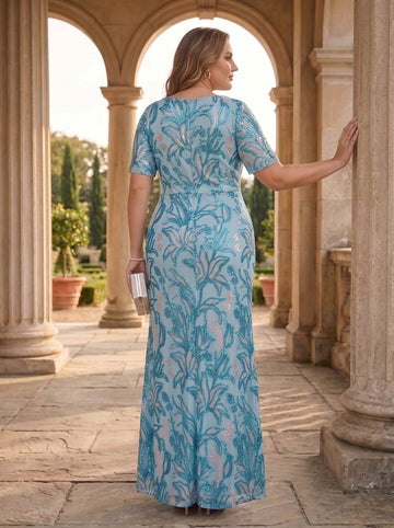 Sheath/Column Jacquard Square Collar Short Sleeves Ankle-Length With Zipper Plus Size Mother of the Bride Dresses