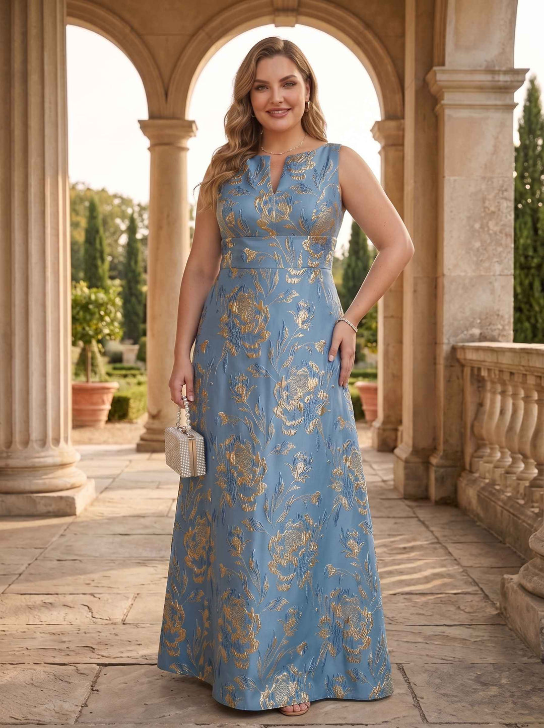 A-Line Jacquard V-Neck Sleeveless Ankle-Length With Zipper Plus Size Mother of the Bride Dresses