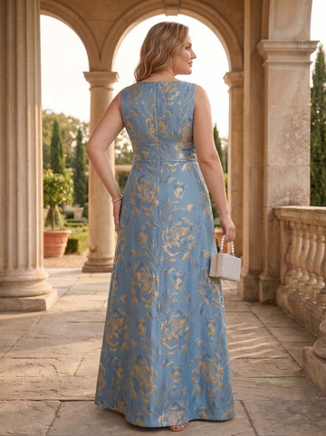 A-Line Jacquard V-Neck Sleeveless Ankle-Length With Zipper Plus Size Mother of the Bride Dresses