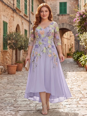 A-Line/Princess V-Neck Chiffon Plus Size Mother of the Bride Dresses Half Sleeves Lace Floral Asymmetrical Tea-Length