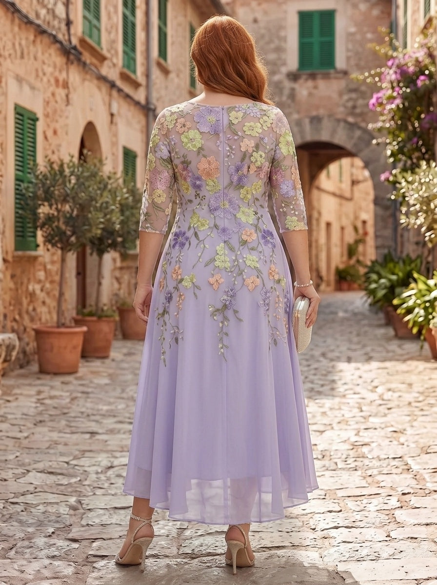 A-Line/Princess V-Neck Chiffon Plus Size Mother of the Bride Dresses Half Sleeves Lace Floral Asymmetrical Tea-Length
