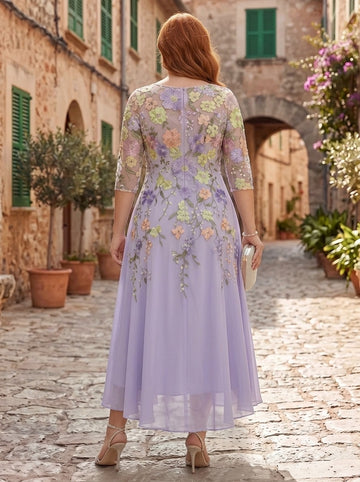 A-Line/Princess V-Neck Chiffon Plus Size Mother of the Bride Dresses Half Sleeves Lace Floral Asymmetrical Tea-Length