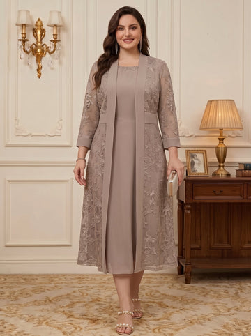 A-Line/Princess Scoop Chiffon Plus Size Mother of the Bride Dresses with Lace Jacket 3/4 Sleeves Tea-Length